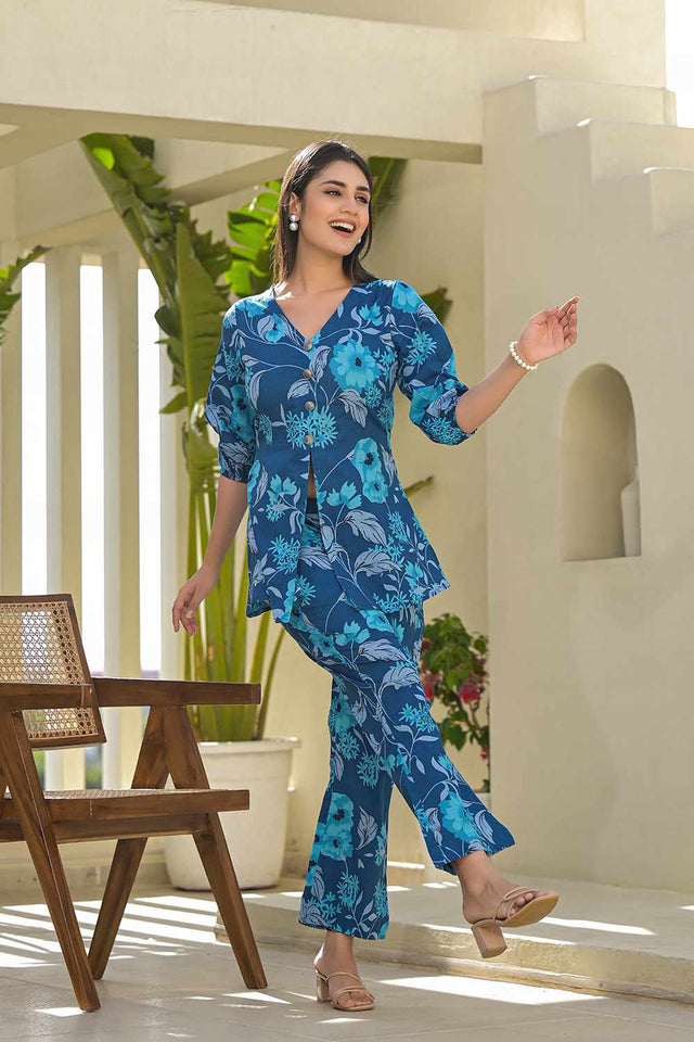 Blue Floral Print Cotton Co-Ord Set
