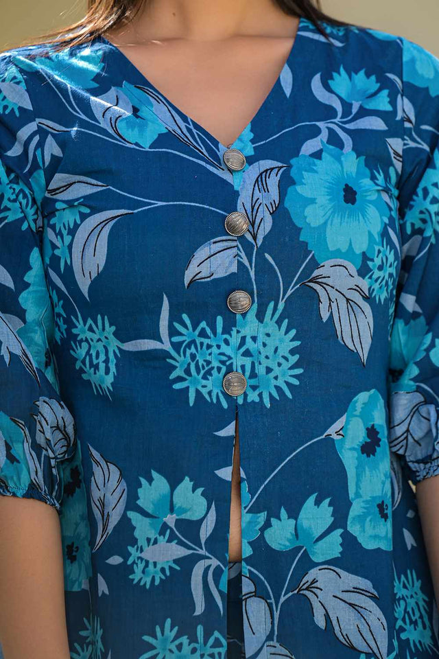 Blue Floral Print Cotton Co-Ord Set