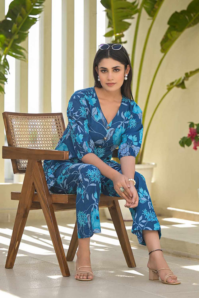 Blue Floral Print Cotton Co-Ord Set