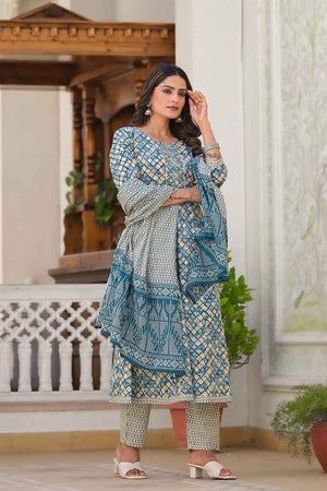 Blue Checkerd Print Zari Work Pure Cotton Kurti Pant Set