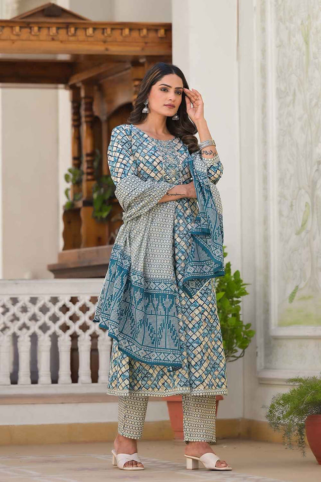 Blue Checkerd Print Zari Work Pure Cotton Kurti Pant Set