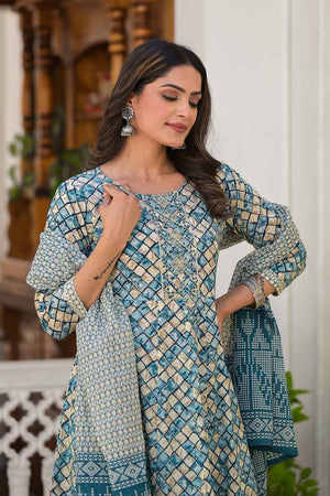 Blue Checkerd Print Zari Work Pure Cotton Kurti Pant Set