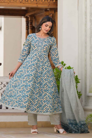 Blue Checkerd Print Zari Work Pure Cotton Kurti Pant Set