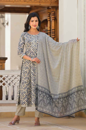 Grey Checkerd Print Zari Work Pure Cotton Kurti Pant Set