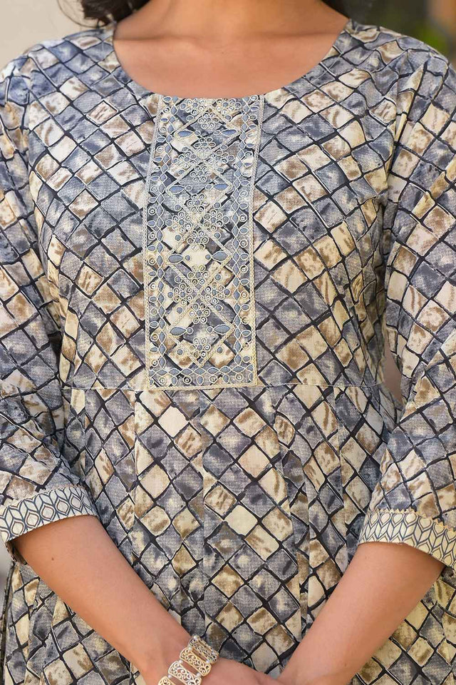 Grey Checkerd Print Zari Work Pure Cotton Kurti Pant Set