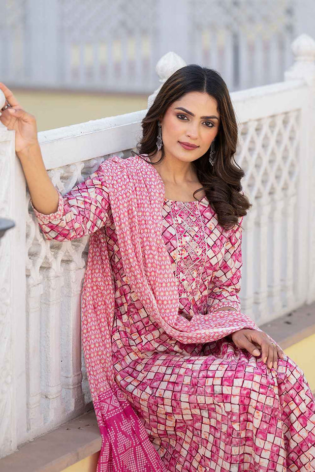 Violet Checkerd Print Zari Work Pure Cotton Kurti Pant Set