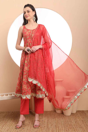 Red Floral Printed Cotton Anarkali Suit Set