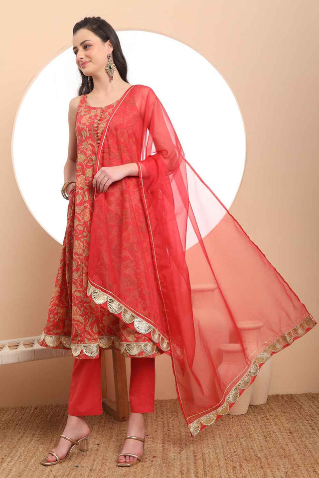 Red Floral Printed Cotton Anarkali Suit Set