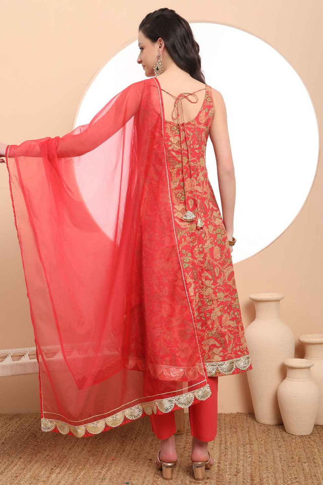 Red Floral Printed Cotton Anarkali Suit Set