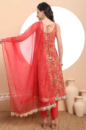 Red Floral Printed Cotton Anarkali Suit Set