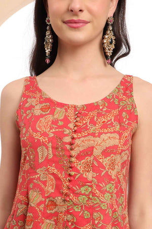 Red Floral Printed Cotton Anarkali Suit Set