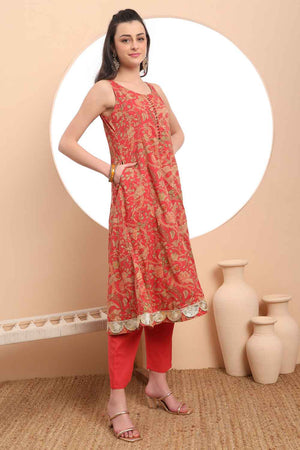 Red Floral Printed Cotton Anarkali Suit Set