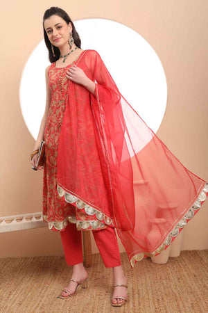 Red Floral Printed Cotton Anarkali Suit Set