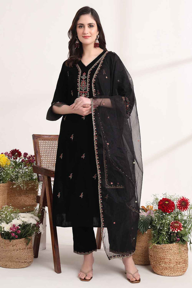 Black Solid Velvet Kurti Pant Set (6925SKDBK)