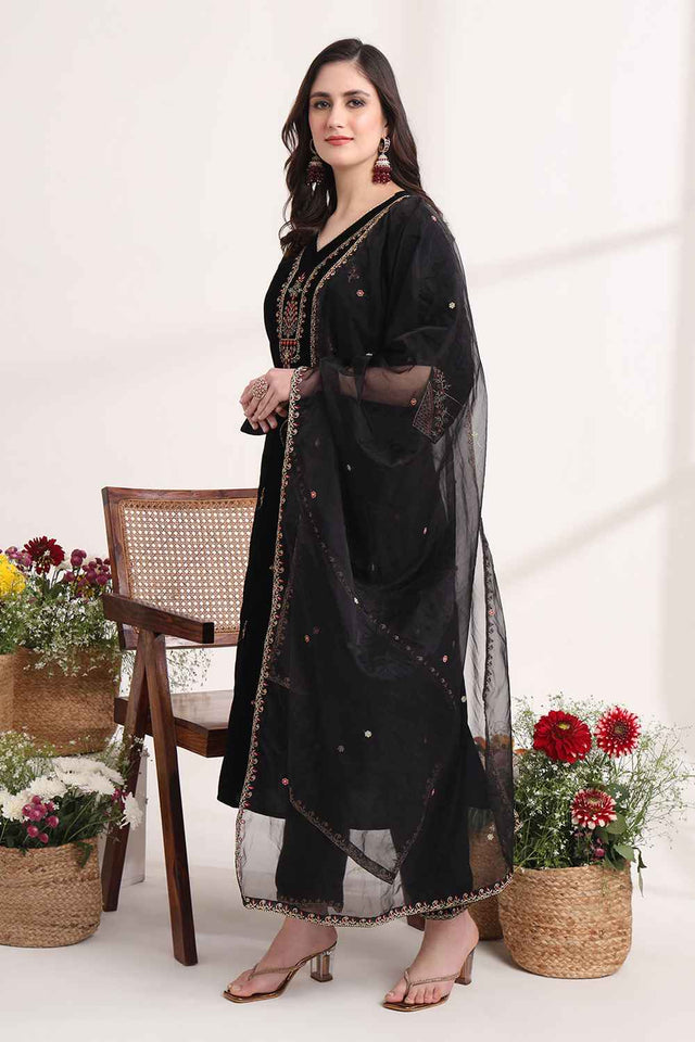 Black Solid Velvet Kurti Pant Set (6925SKDBK)