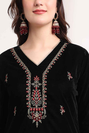 Black Solid Velvet Kurti Pant Set (6925SKDBK)