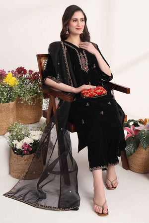 Black Solid Velvet Kurti Pant Set (6925SKDBK)