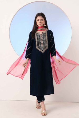 Blue Sequin with Embroidered Velvet Kurti Pant Set (6927SKDNB)