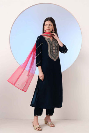 Blue Sequin with Embroidered Velvet Kurti Pant Set (6927SKDNB)