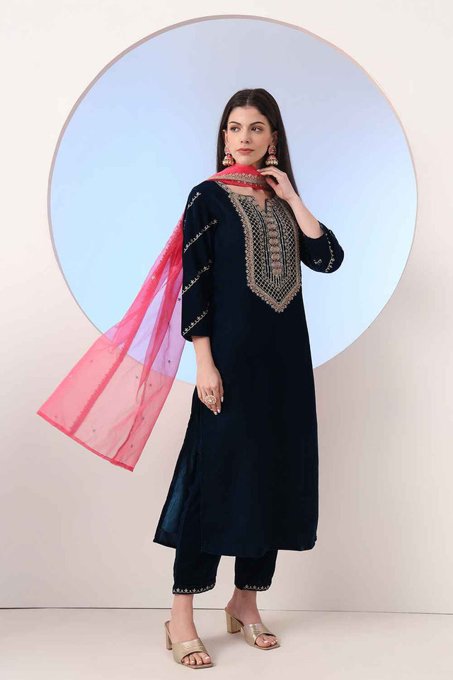 Blue Sequin with Embroidered Velvet Kurti Pant Set (6927SKDNB)