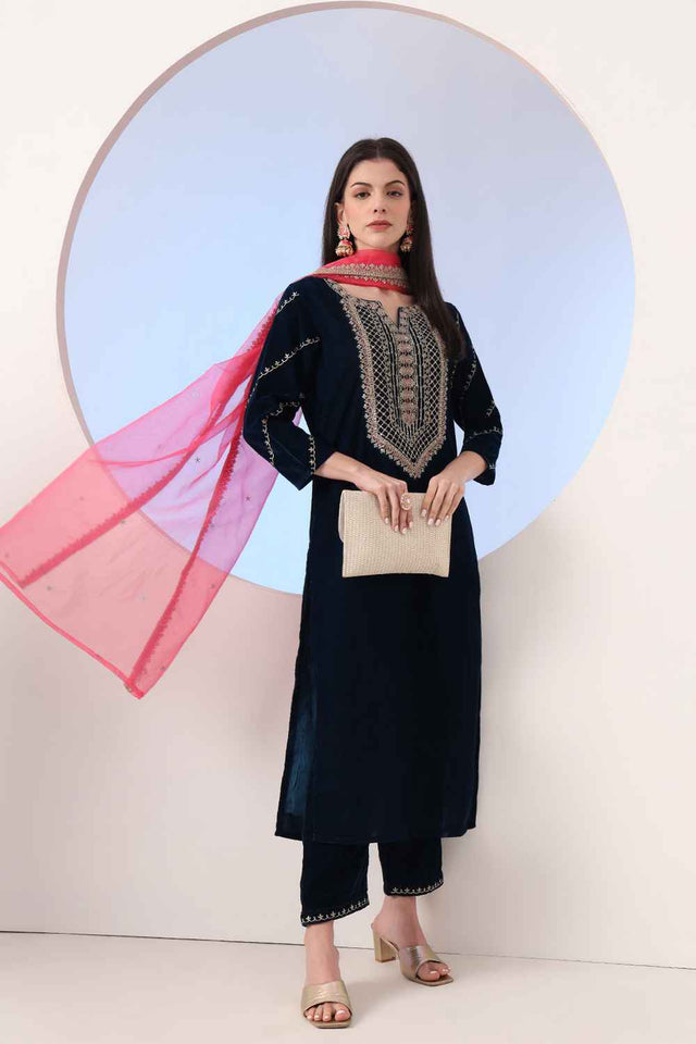 Blue Sequin with Embroidered Velvet Kurti Pant Set (6927SKDNB)