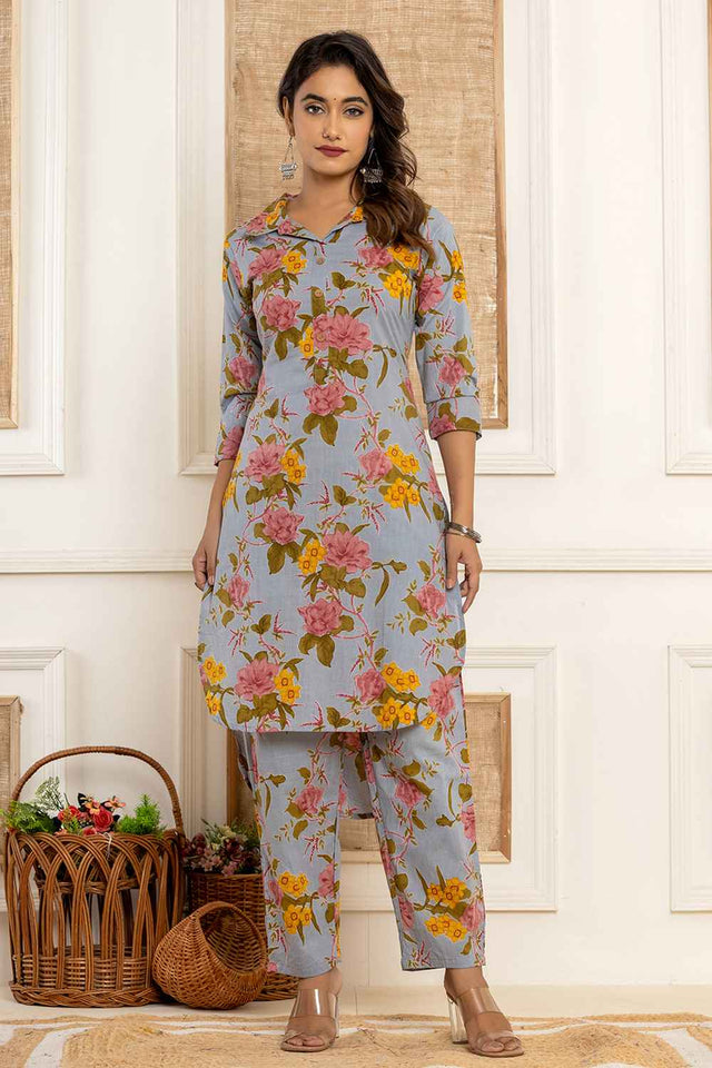 Blue Floral Print Cotton Co-Ord Set