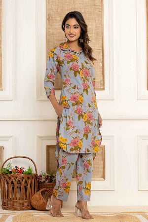 Blue Floral Print Cotton Co-Ord Set