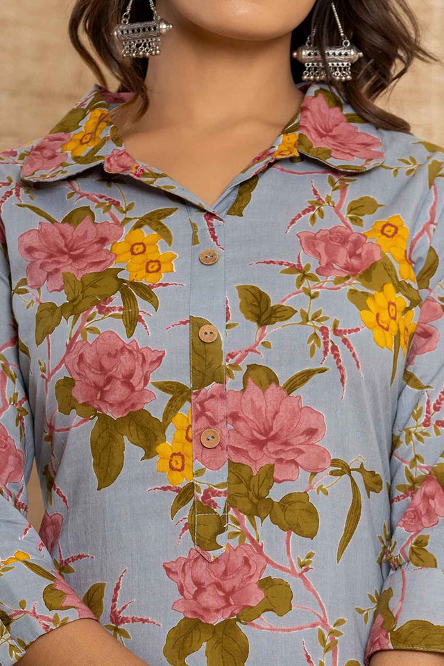 Blue Floral Print Cotton Co-Ord Set