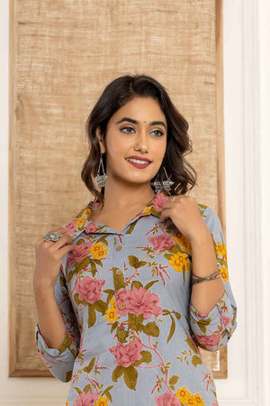 Blue Floral Print Cotton Co-Ord Set