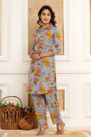 Blue Floral Print Cotton Co-Ord Set
