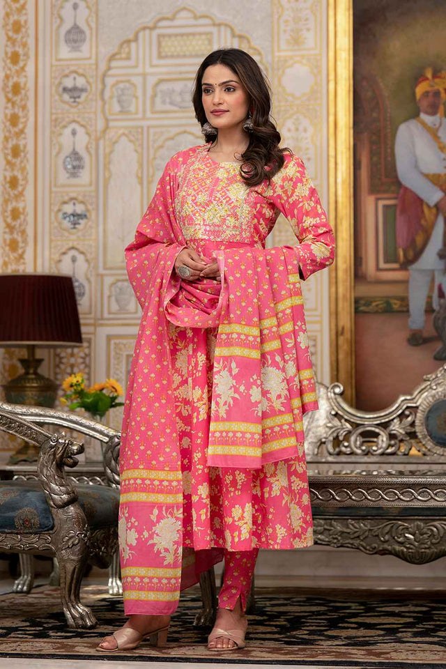 Pink Floral Print Zari Work Pure Cotton Kurti Pant Set