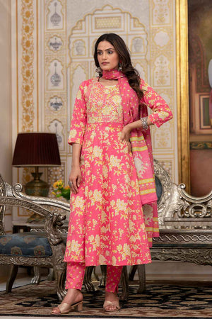 Pink Floral Print Zari Work Pure Cotton Kurti Pant Set