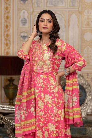 Pink Floral Print Zari Work Pure Cotton Kurti Pant Set
