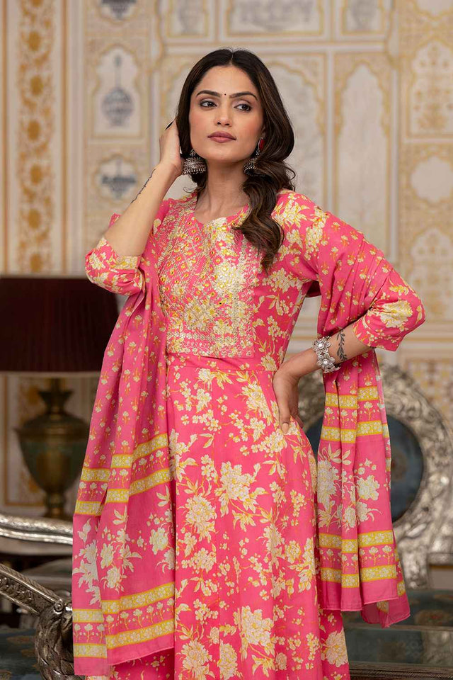 Pink Floral Print Zari Work Pure Cotton Kurti Pant Set
