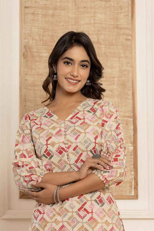 Beige Geometric Print Cotton Co-Ord Set
