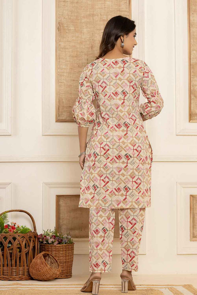 Beige Geometric Print Cotton Co-Ord Set