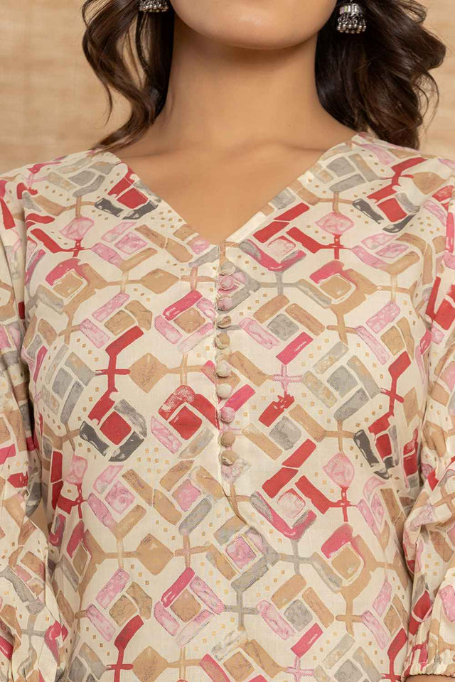 Beige Geometric Print Cotton Co-Ord Set