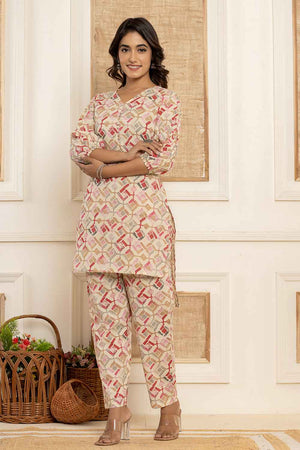 Beige Geometric Print Cotton Co-Ord Set