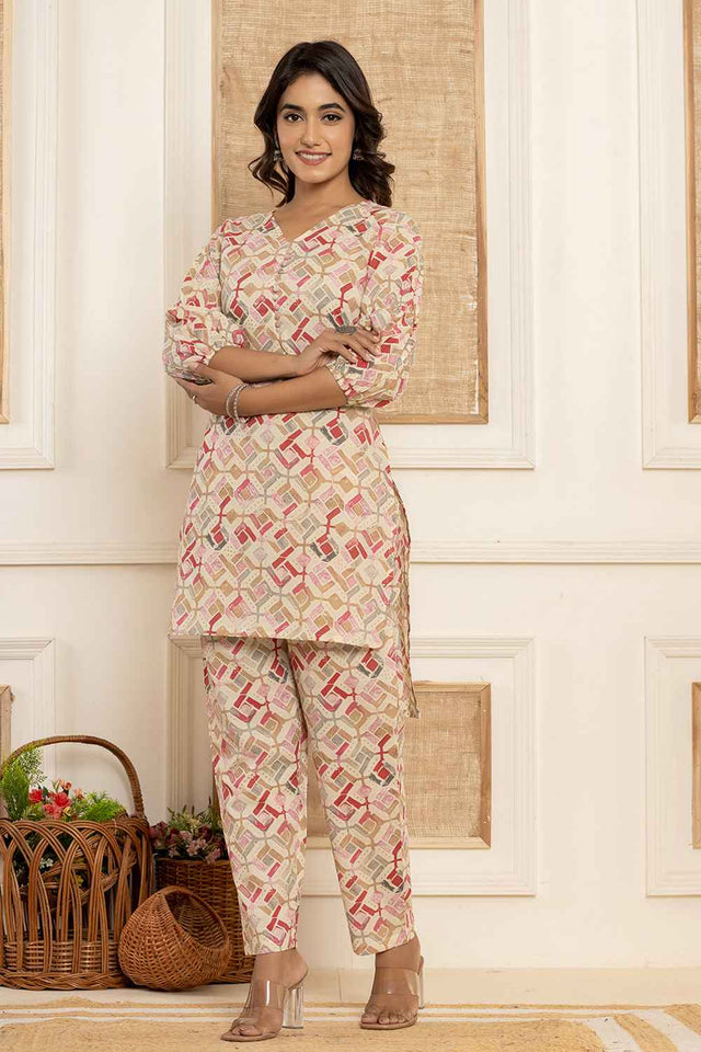 Beige Geometric Print Cotton Co-Ord Set
