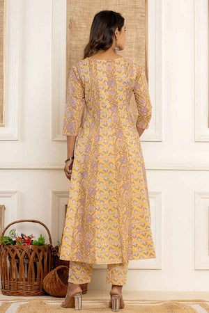 Yellow Floral Print Pure Cotton Kurti Pant Set
