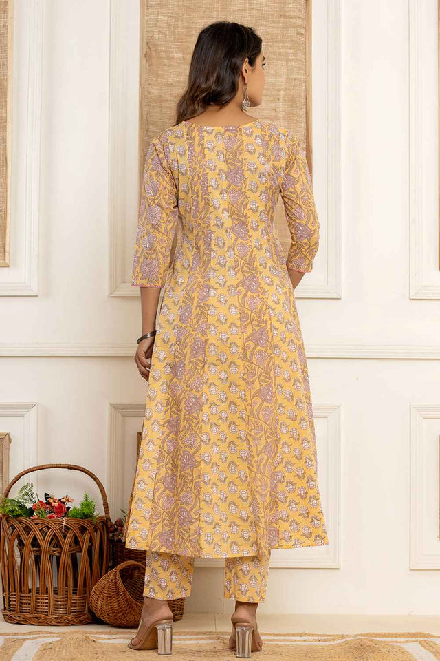 Yellow Floral Print Pure Cotton Kurti Pant Set
