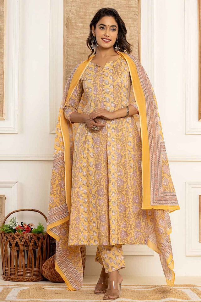 Yellow Floral Print Pure Cotton Kurti Pant Set
