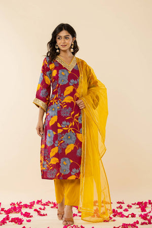 Maroon Floral Printed Cotton Straight Cut Suit Set