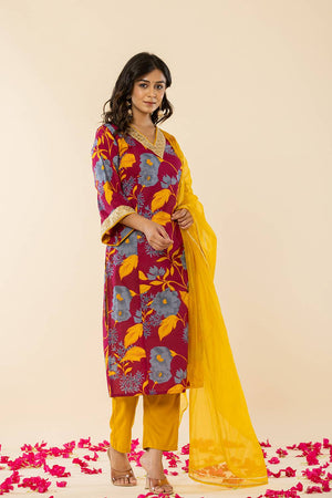 Maroon Floral Printed Cotton Straight Cut Suit Set