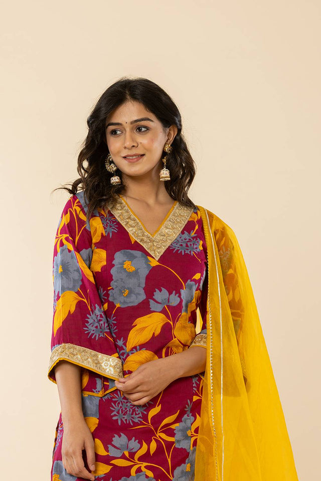 Maroon Floral Printed Cotton Straight Cut Suit Set