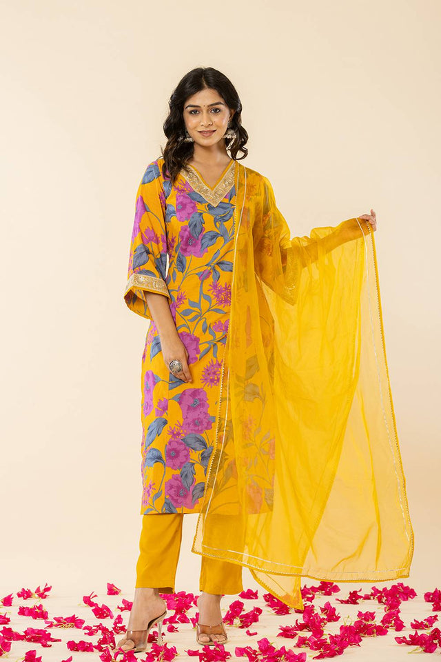 Mustard Floral Printed Cotton Straight Cut Suit Set