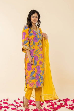 Mustard Floral Printed Cotton Straight Cut Suit Set