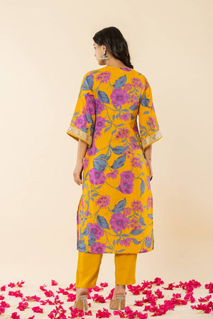 Mustard Floral Printed Cotton Straight Cut Suit Set