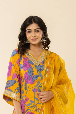 Mustard Floral Printed Cotton Straight Cut Suit Set