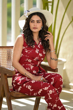 Red Floral Print Cotton Co-Ord Set